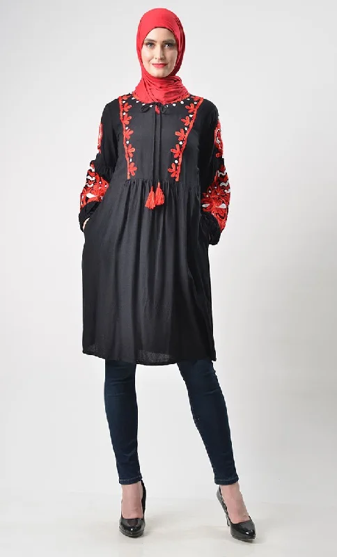 Classic Heavy  Embroidered Tunic-Black